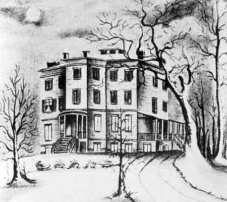 A rendering of the mansion house of the Chelsea estate by Moore's daughter, Mary C. Ogden, made for the first color edition of A Visit from St. Nicholas (1855)