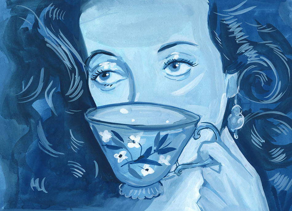 Illustration by Jenny Kroik of Bette Davis drinking tea at Columbia University in 1929