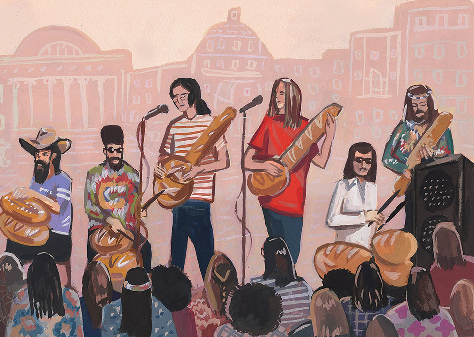 Illustration by Jenny Kroik of the Grateful Dead performing on Columbia University campus during the student protests of 1968