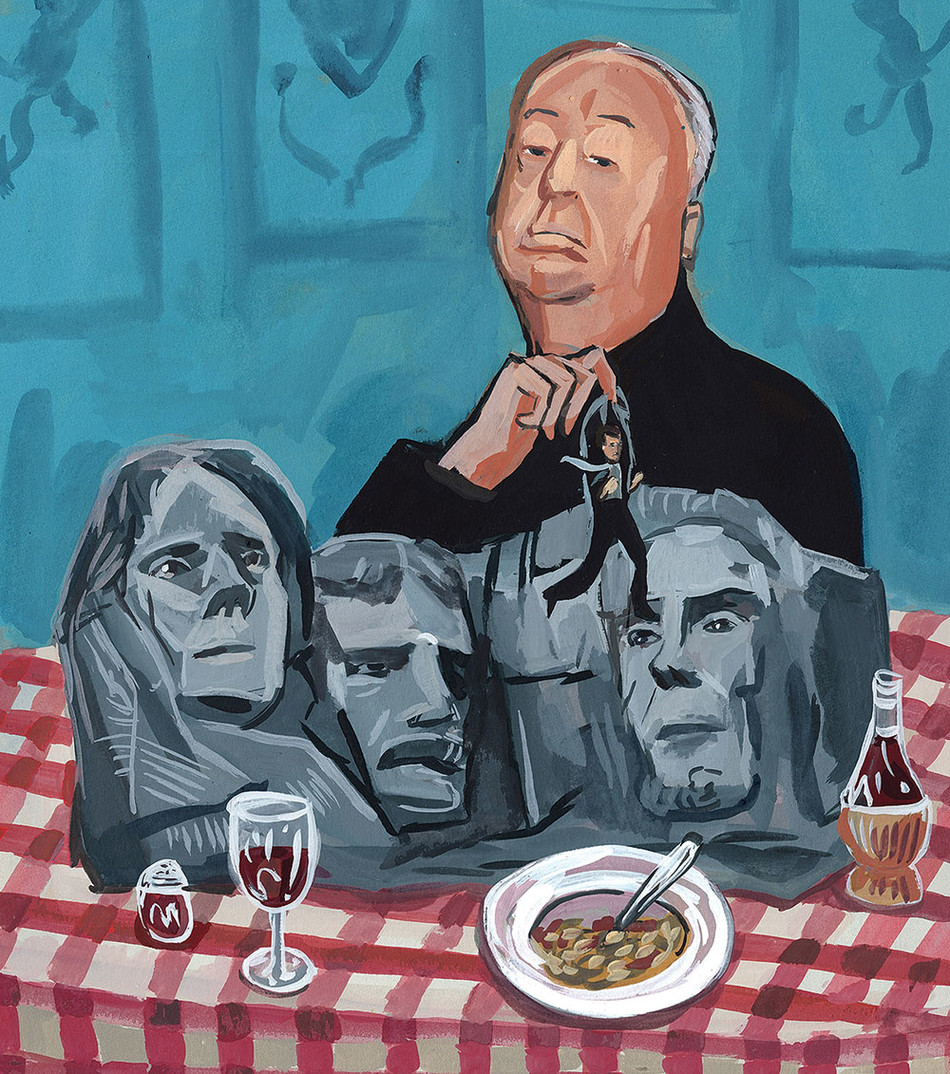 Illustration by Jenny Kroik of Alfred Hitchcock dangling Cary Grant over Mount Rushmore on a dinner table with a plate of pasta