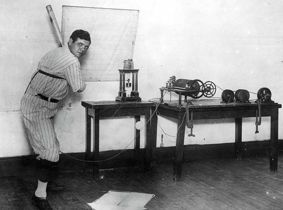 Babe Ruth undergoes tests for bat speed and breathing  at Columbia’s psychology lab. 