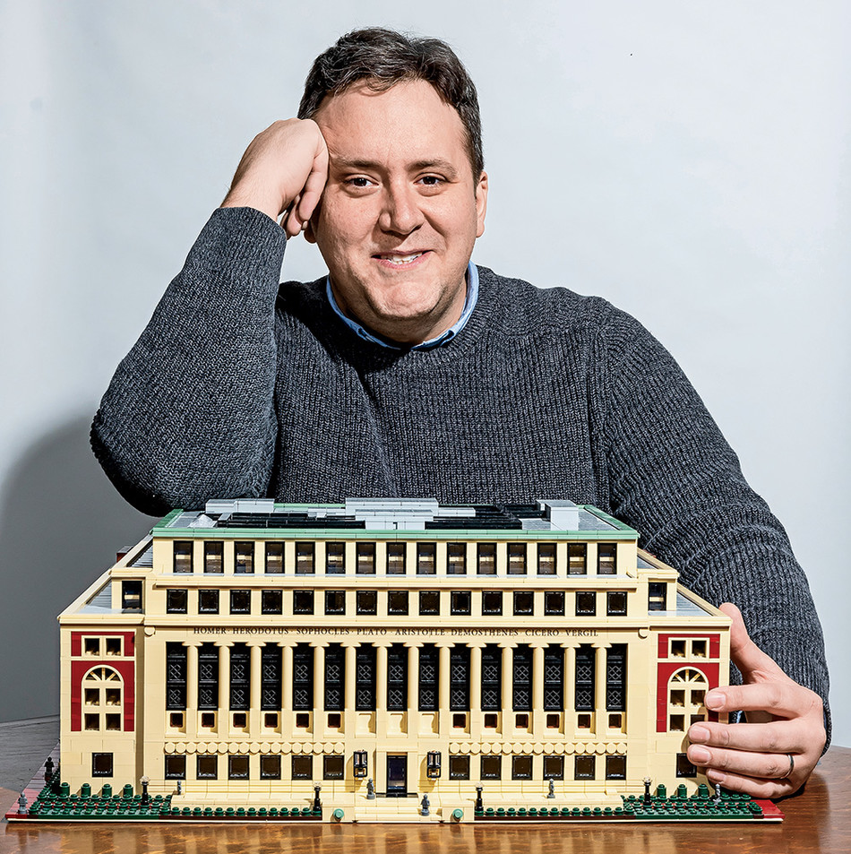 John Davisson with his Lego sculpture of Columbia's Butler Library, photographed by Scott Suchman