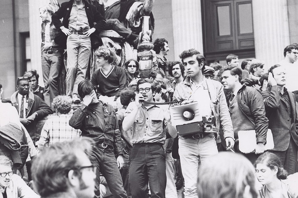 Student activists speaking on Columbia Low Library steps during the 1968 campus protests