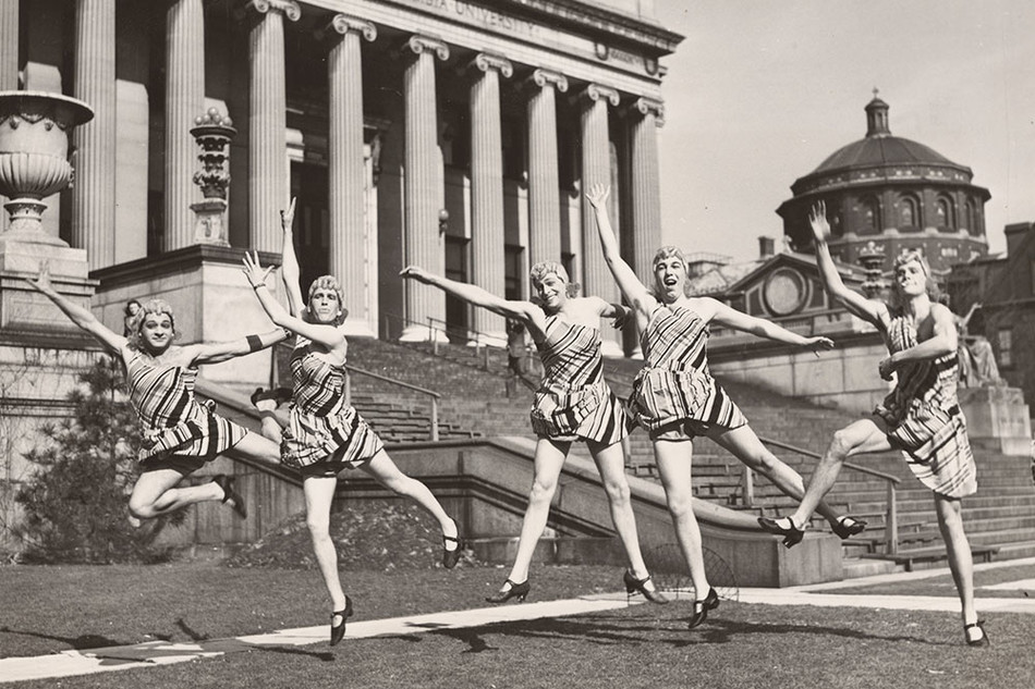 Columbia students in drag rehearsing for the 1940 Varsity Show outside Low Library