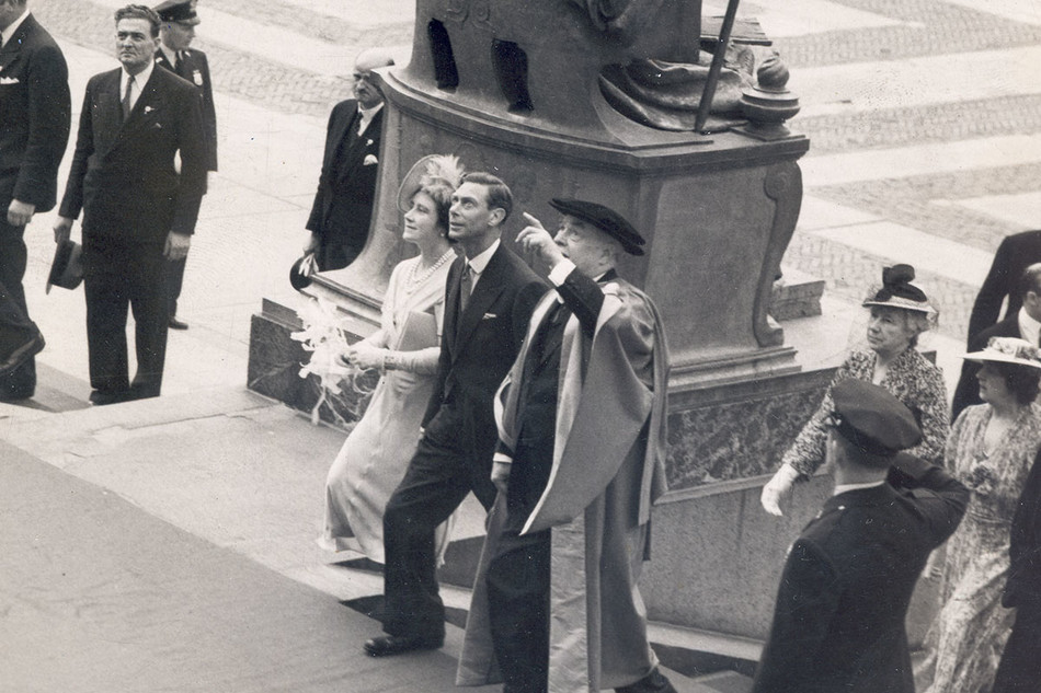 Columbia president Nicholas Murray Butler giving King George VI and Queen Elizabeth a tour of Columbia University in 1939