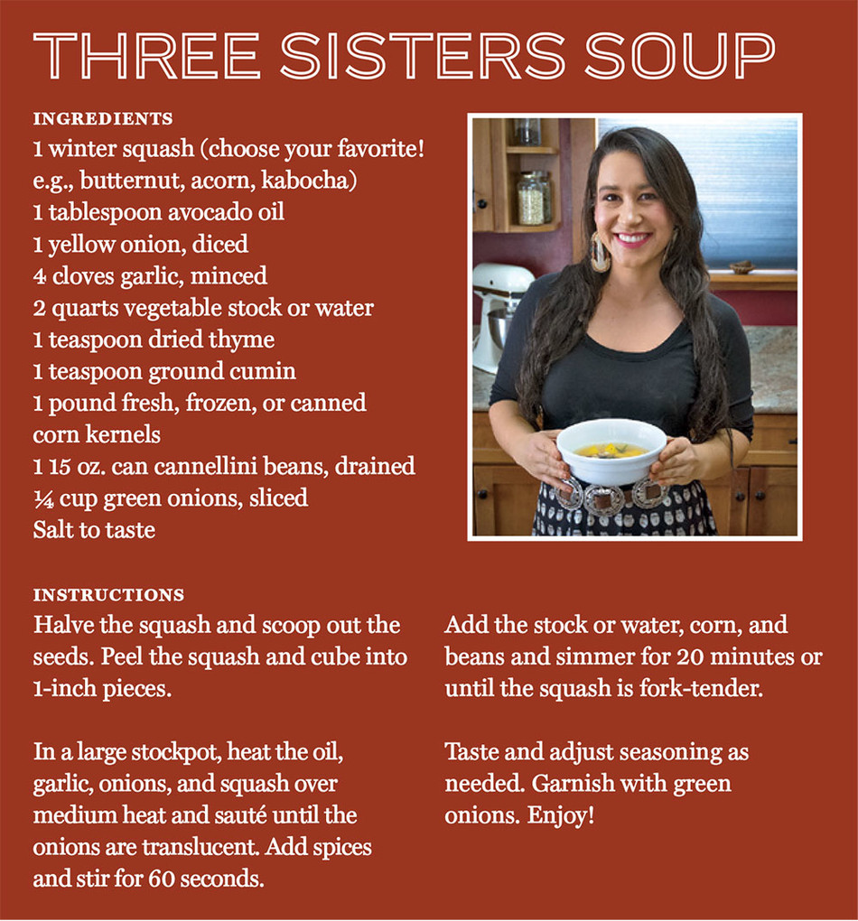 A recipe for Three Sisters Soup and a photo of Mariah Gladstone