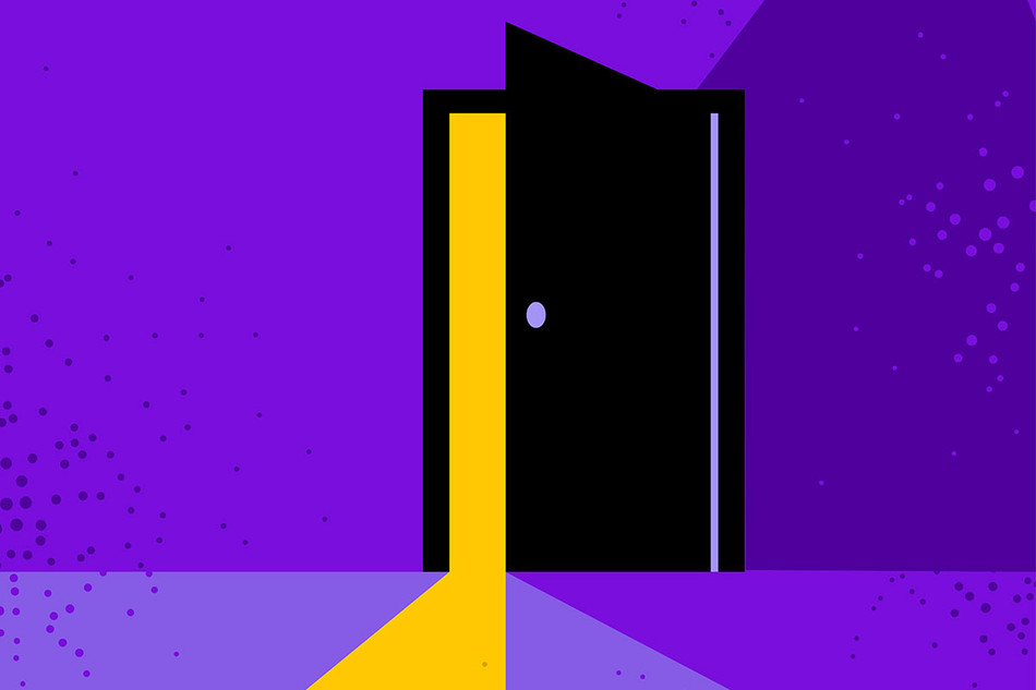 Illustration of a opening door over a purple background