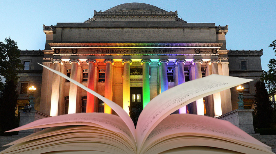 Open book with Low Library lit in rainbow colors