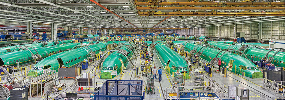 Workers assemble Boeing 737 Max fuselage sections at Spirit AeroSystems, Wichita, Kansas.