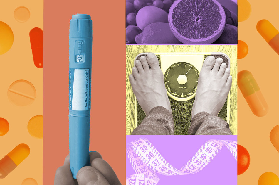 Photo illustration of Ozempic dispenser, pills, grapefruit, scale, and measuring tape