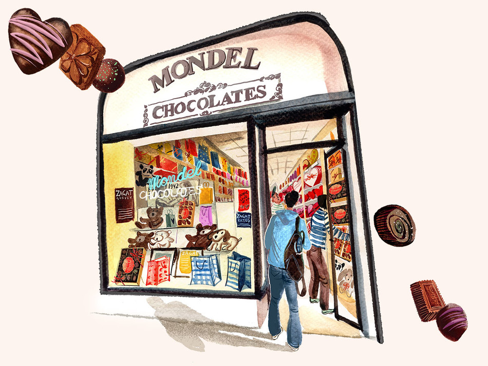 Mondel Chocolates store front illustration