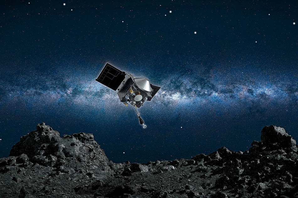 An artist’s conception of NASA’s OSIRIS-REx spacecraft collecting samples from the asteroid Bennu