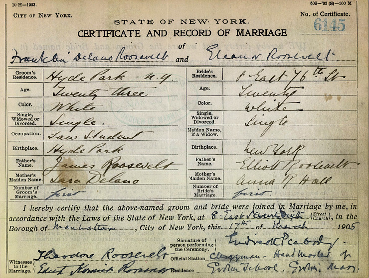 The marriage certificate of Franklin D. Roosevelt and Eleanor Roosevelt, witnessed by President Theodore Roosevelt