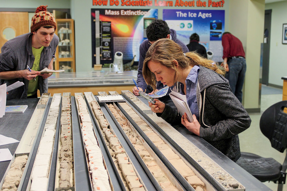 Visitors examine core samples at the Lamont-Doherty Core Repository.