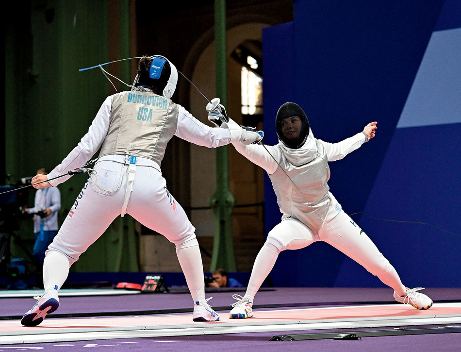 Fencer Jackie Dubrovich competing at the 2024 Olympics