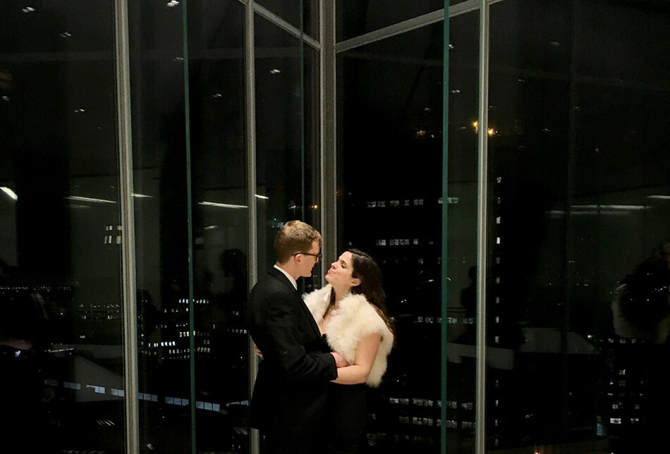 A couple gets engaged at Columbia University's Vagelos Education Center