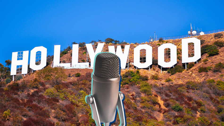 Illustration of podcast microphone in front of the Hollywood sign