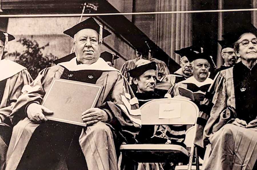 Alfred Hitchcock at Columbia University commencement