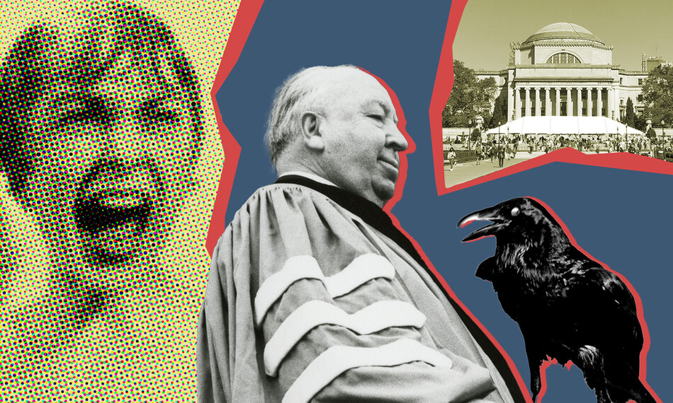 collage of Alfred Hitchcock with movie images and Low Library