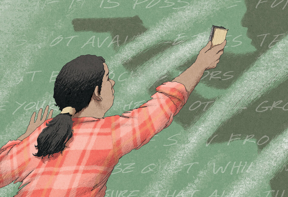 Illustration of a shooter and a chalkboard by Chris W. Kim