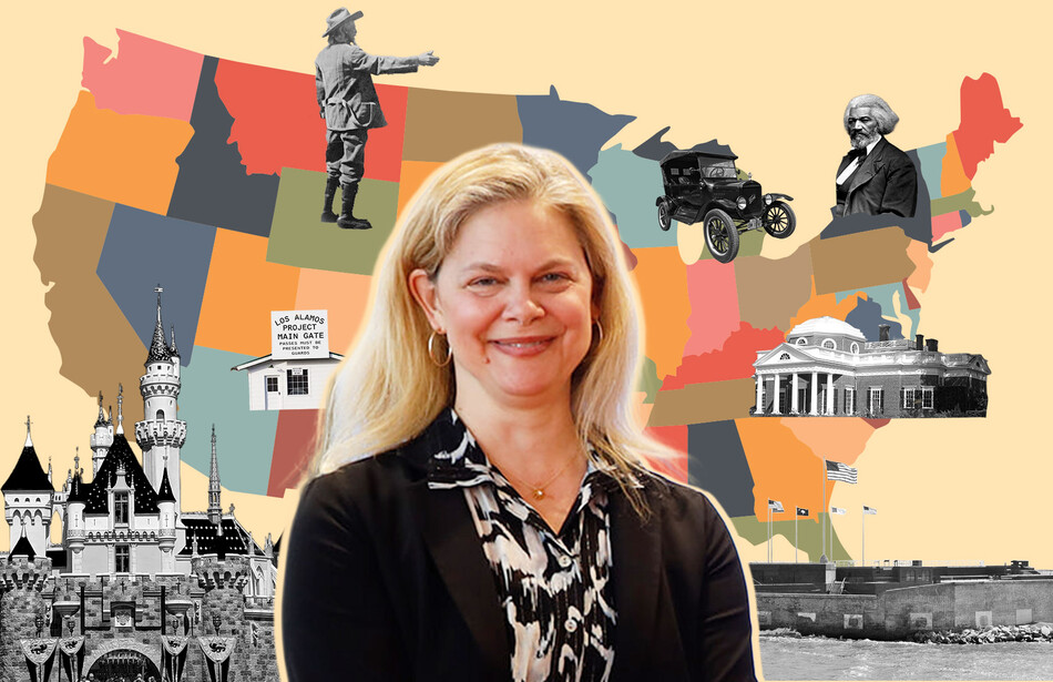 Collage of Beverly Gage and USA map with landmarks