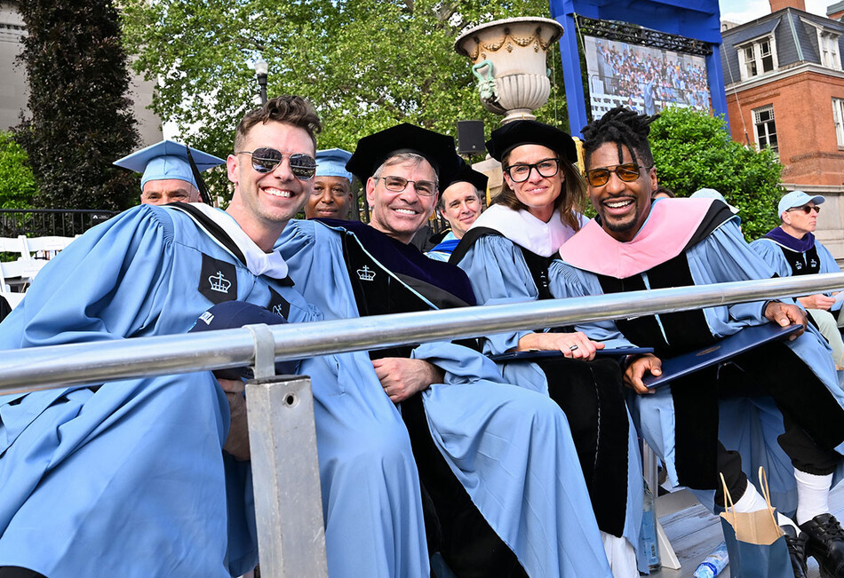Michael Novak, George Stephanopolous, Amanda Peet, and Jon Batiste at the 2026 Columbia commencement ceremony