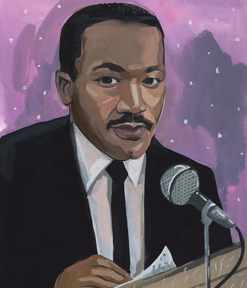 Illustration by Jenny Kroik of Martin Luther King Jr. speaking at Columbia University in 1961