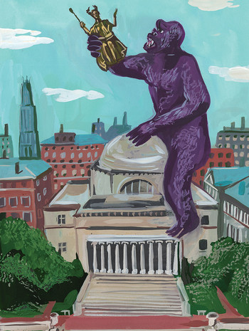 Illustration by Jenny Kroik of King Kong climbing on top of Columbia University Low Library and holding Alma Mater statue