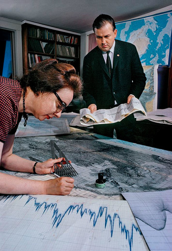 Scientists Marie Tharp and Bruce Heezen working on maps