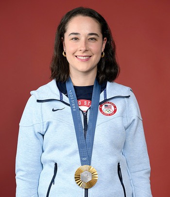 Jackie Dubrovich wearing gold medal at 2024 Olympics